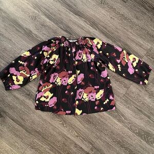 Tucker Black Floral Popover Blouse with Pink & Yellow Accents